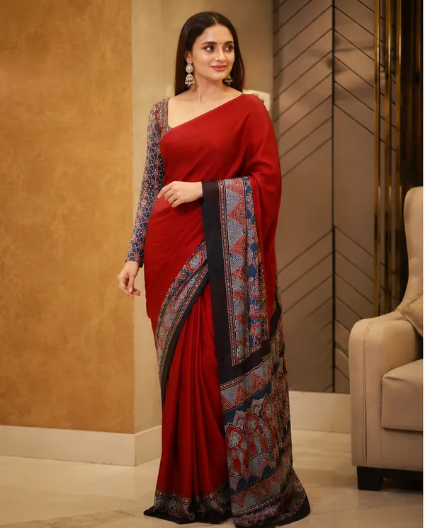 Black_&_Rust_Designer_Ajrakh_Bindi_Japan_Silk_Saree_with_Traditional_Motifs
