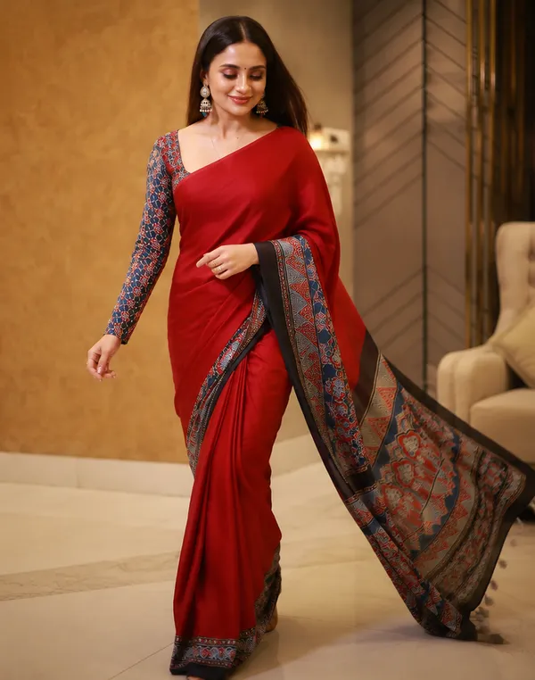 Black_&_Rust_Designer_Ajrakh_Bindi_Japan_Silk_Saree_with_Traditional_Motifs