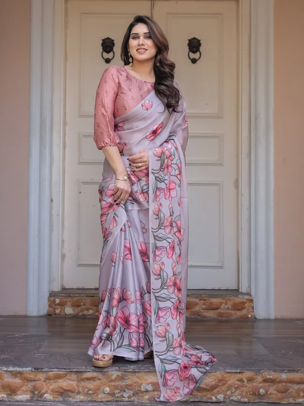 Lavender_Satin_Georgette_Floral_Printed_Saree_with_Rose_Pink_Blouse_for_Women_|_Elegant_Soft_Party_Wear_Designer_Saree