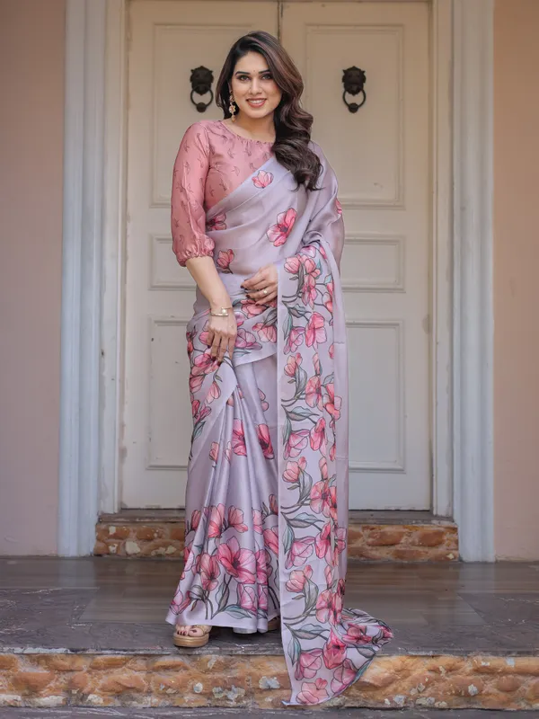 Lavender_Satin_Georgette_Floral_Printed_Saree_with_Rose_Pink_Blouse_for_Women_|_Elegant_Soft_Party_Wear_Designer_Saree