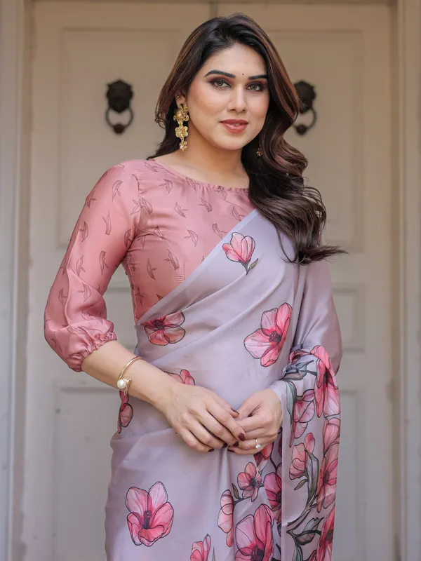 Lavender_Satin_Georgette_Floral_Printed_Saree_with_Rose_Pink_Blouse_for_Women_|_Elegant_Soft_Party_Wear_Designer_Saree