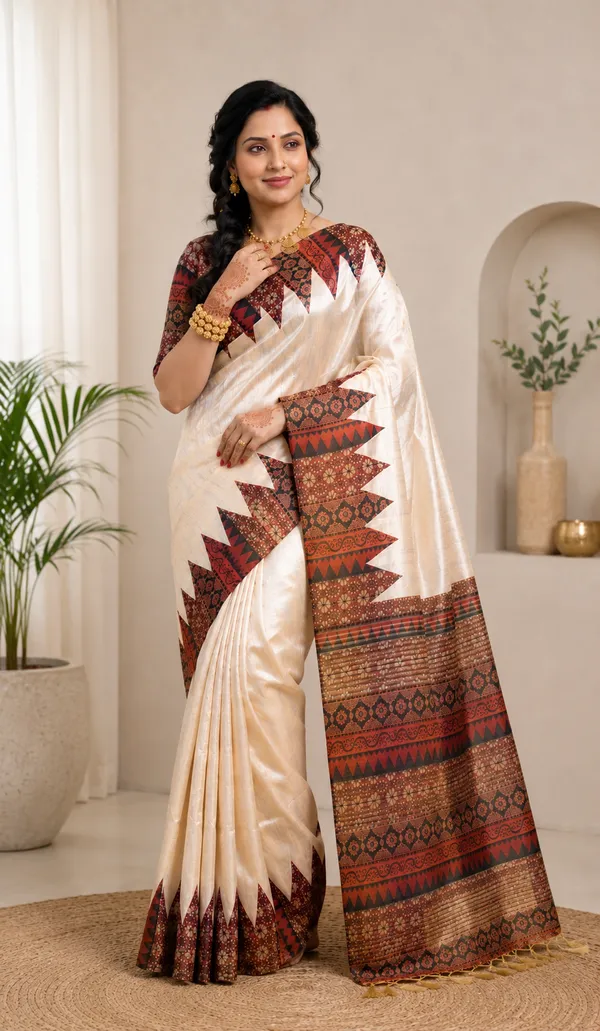 Soft_Tussar_Silk_sarees_with_Beautiful_Print_With_Attractive_Pallu_And_Contrast_Print_Blouse_With_Tassels