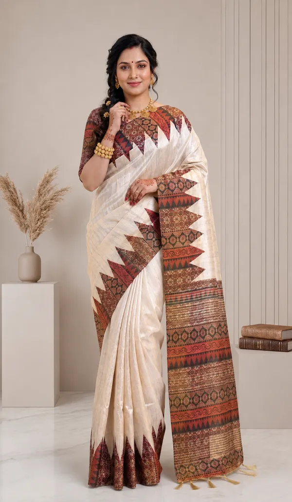 Soft_Tussar_Silk_sarees_with_Beautiful_Print_With_Attractive_Pallu_And_Contrast_Print_Blouse_With_Tassels