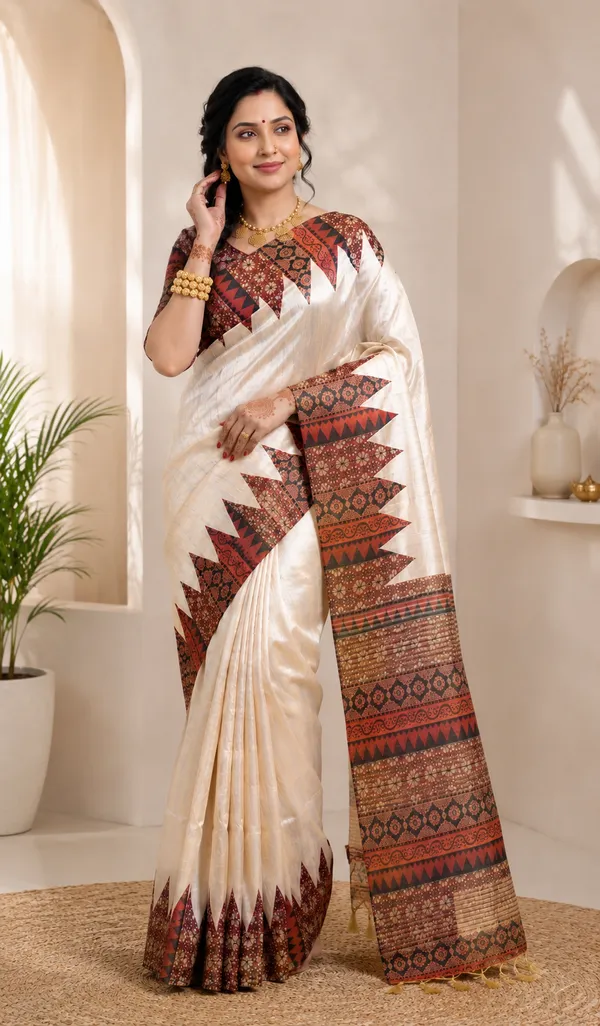 Soft_Tussar_Silk_sarees_with_Beautiful_Print_With_Attractive_Pallu_And_Contrast_Print_Blouse_With_Tassels