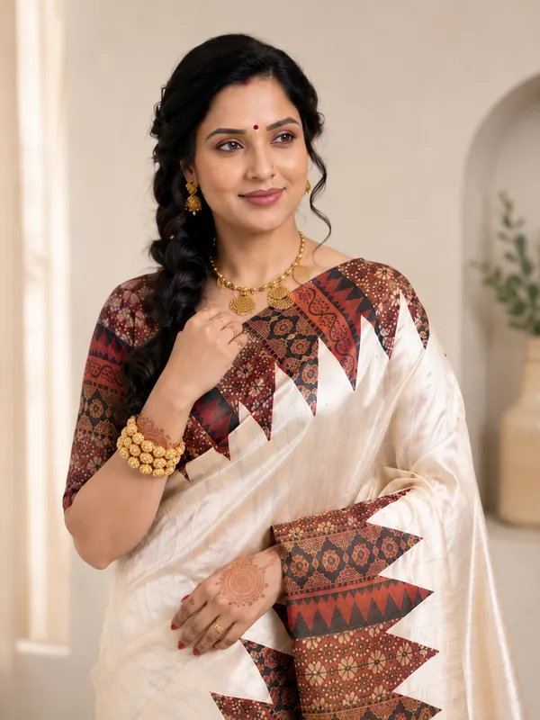 Soft_Tussar_Silk_sarees_with_Beautiful_Print_With_Attractive_Pallu_And_Contrast_Print_Blouse_With_Tassels
