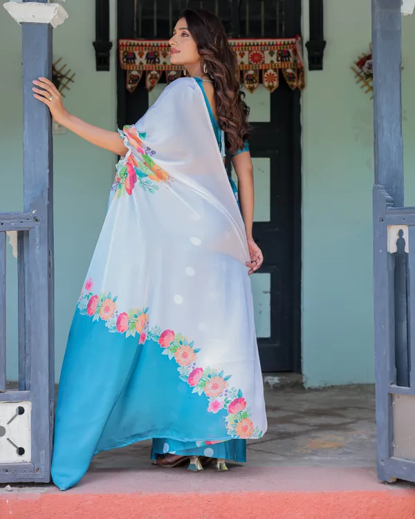 Sky_Blue_Satin_Georgette_Polka_Dot_Saree_with_Floral_Pallu_&_Teal__Handsfree_Draping_Loop_With_Unstitched_Blouse