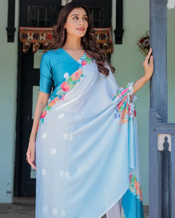 Sky_Blue_Satin_Georgette_Polka_Dot_Saree_with_Floral_Pallu_&_Teal__Handsfree_Draping_Loop_With_Unstitched_Blouse