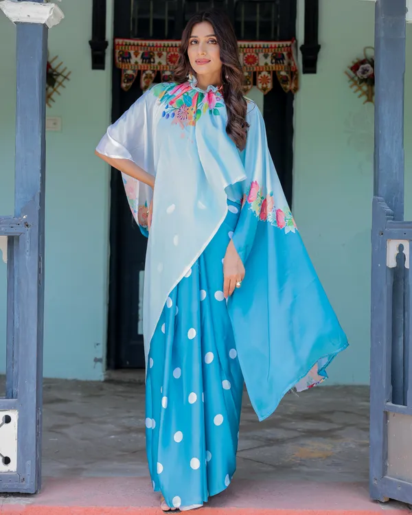 Sky_Blue_Satin_Georgette_Polka_Dot_Saree_with_Floral_Pallu_&_Teal__Handsfree_Draping_Loop_With_Unstitched_Blouse