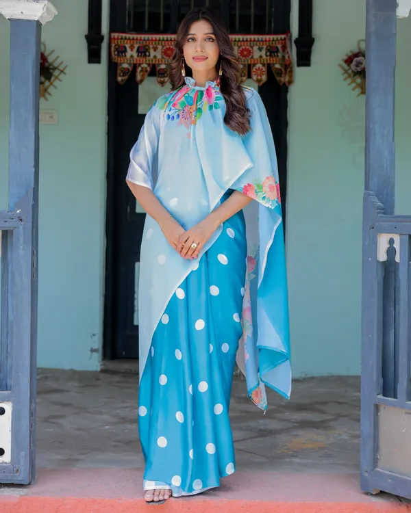 Sky_Blue_Satin_Georgette_Polka_Dot_Saree_with_Floral_Pallu_&_Teal__Handsfree_Draping_Loop_With_Unstitched_Blouse