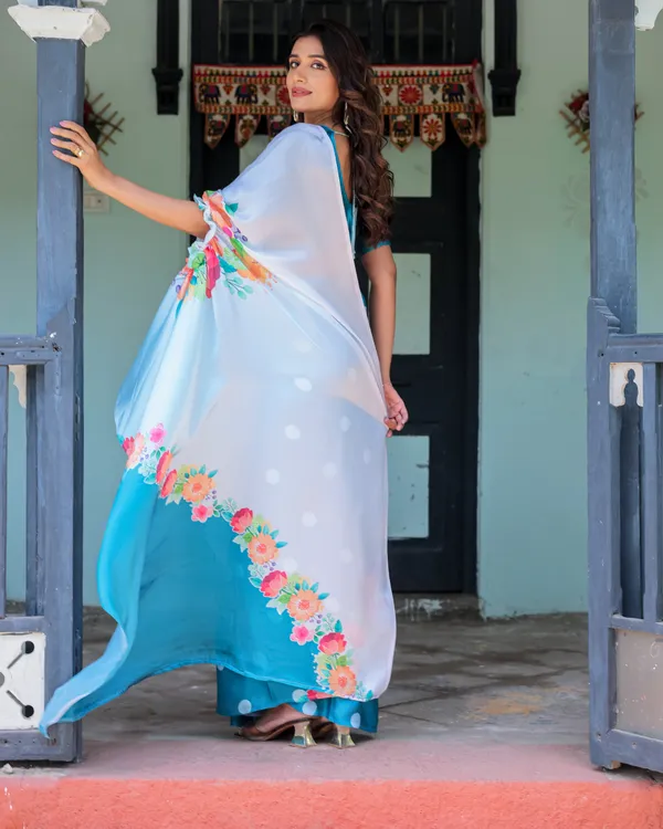 Sky_Blue_Satin_Georgette_Polka_Dot_Saree_with_Floral_Pallu_&_Teal__Handsfree_Draping_Loop_With_Unstitched_Blouse
