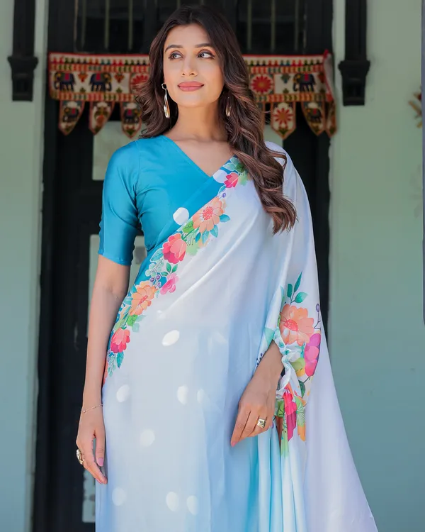Sky_Blue_Satin_Georgette_Polka_Dot_Saree_with_Floral_Pallu_&_Teal__Handsfree_Draping_Loop_With_Unstitched_Blouse