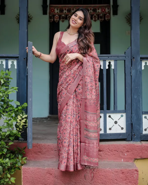 Rust_Red_Pure_Cotton_Linen_Saree_with_Floral_Block_Print_And_Tassel_Detailing_With_Unstitched_Blouse