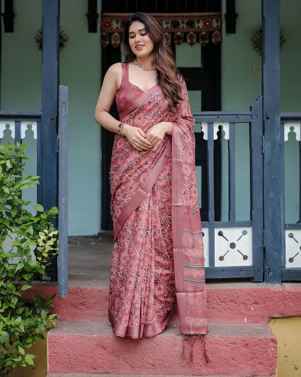 Rust_Red_Pure_Cotton_Linen_Saree_with_Floral_Block_Print_And_Tassel_Detailing_With_Unstitched_Blouse