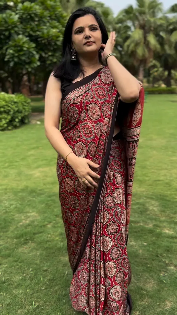 Red_&_Black_Classic_Ajrakh_Bindi_Japan_Silk_Saree_with_Designer_Border