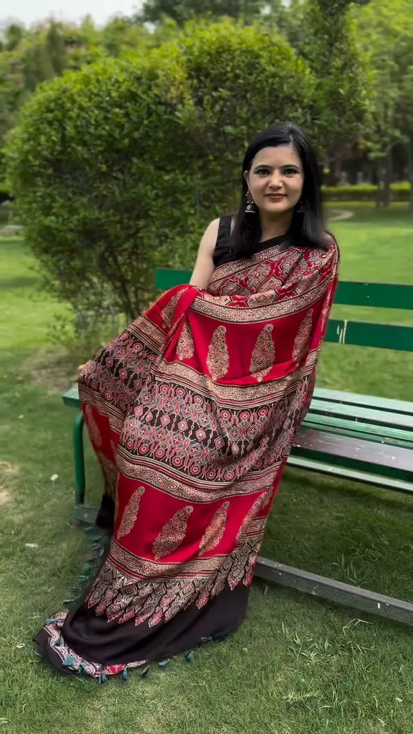 Red_&_Black_Classic_Ajrakh_Bindi_Japan_Silk_Saree_with_Designer_Border