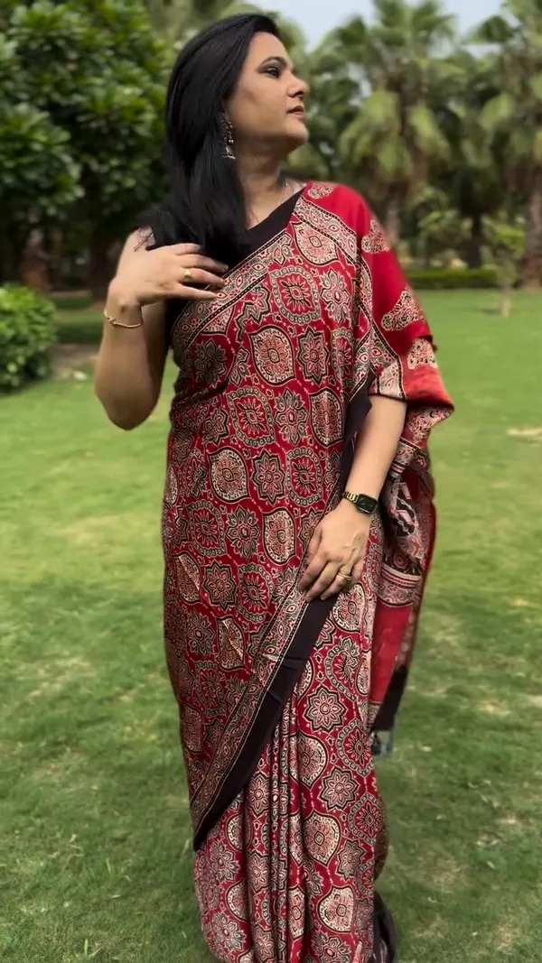 Red_&_Black_Classic_Ajrakh_Bindi_Japan_Silk_Saree_with_Designer_Border