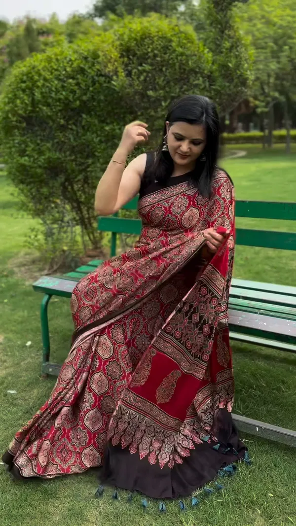 Red_&_Black_Classic_Ajrakh_Bindi_Japan_Silk_Saree_with_Designer_Border