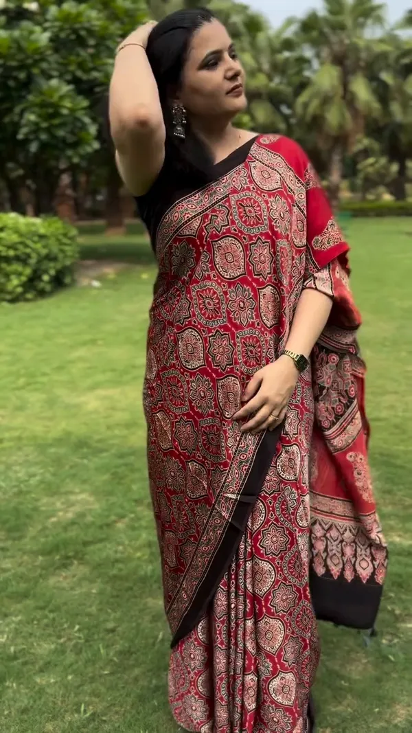 Red_&_Black_Classic_Ajrakh_Bindi_Japan_Silk_Saree_with_Designer_Border
