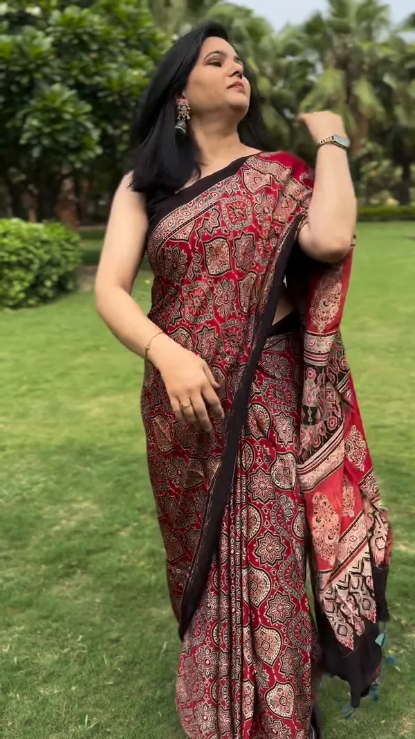 Red_&_Black_Classic_Ajrakh_Bindi_Japan_Silk_Saree_with_Designer_Border
