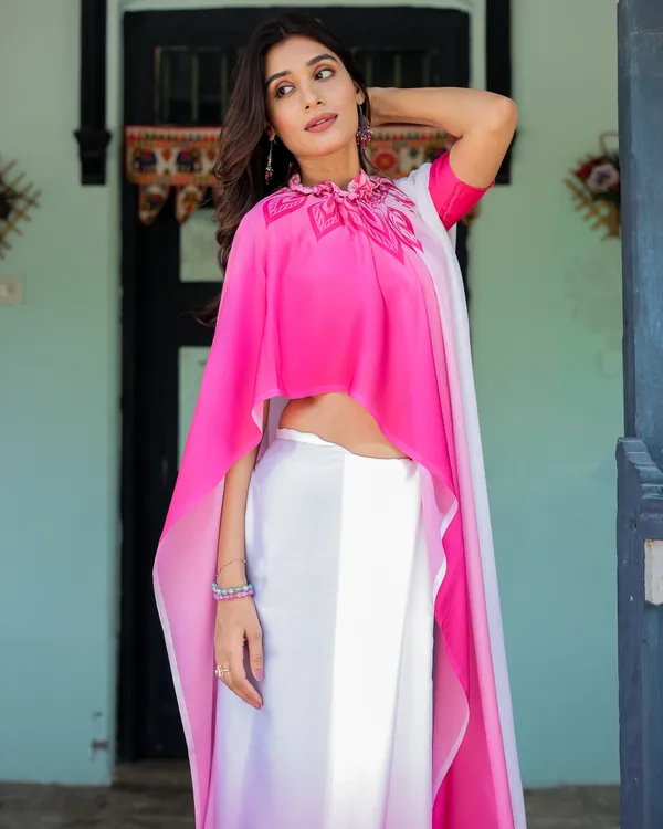White_&_Pink_Ombr_Satin_Georgette_Saree_with_Bold_Leaf_Mandala_Pallu_&_Hot_Pink__Handsfree_Pallu_Loop_With_Unstitched_Blouse