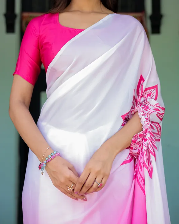 White_&_Pink_Ombr_Satin_Georgette_Saree_with_Bold_Leaf_Mandala_Pallu_&_Hot_Pink__Handsfree_Pallu_Loop_With_Unstitched_Blouse