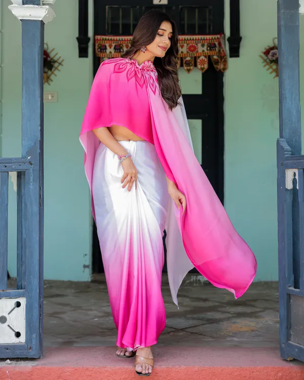 White_&_Pink_Ombr_Satin_Georgette_Saree_with_Bold_Leaf_Mandala_Pallu_&_Hot_Pink__Handsfree_Pallu_Loop_With_Unstitched_Blouse
