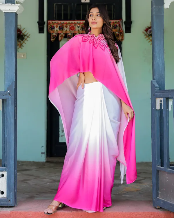 White_&_Pink_Ombr_Satin_Georgette_Saree_with_Bold_Leaf_Mandala_Pallu_&_Hot_Pink__Handsfree_Pallu_Loop_With_Unstitched_Blouse