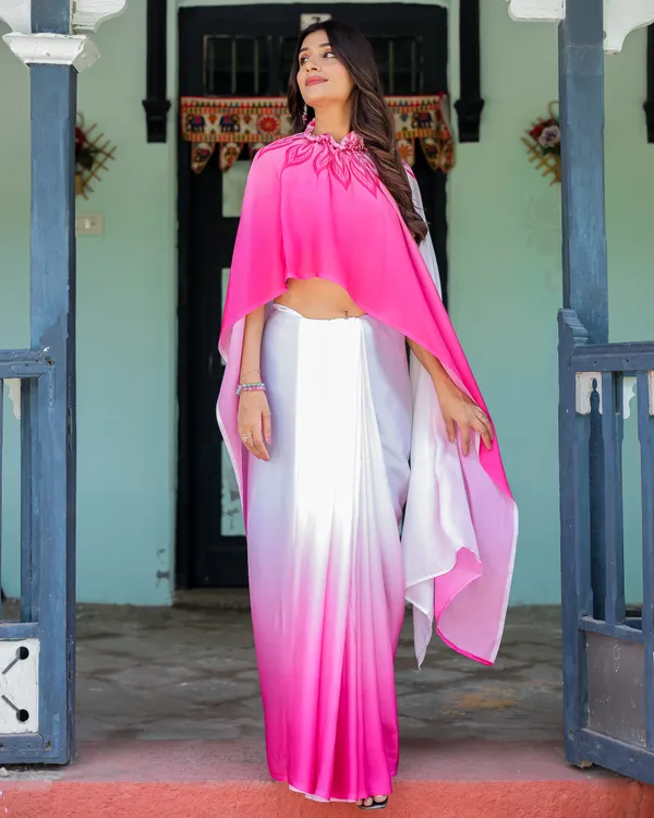 White_&_Pink_Ombr_Satin_Georgette_Saree_with_Bold_Leaf_Mandala_Pallu_&_Hot_Pink__Handsfree_Pallu_Loop_With_Unstitched_Blouse