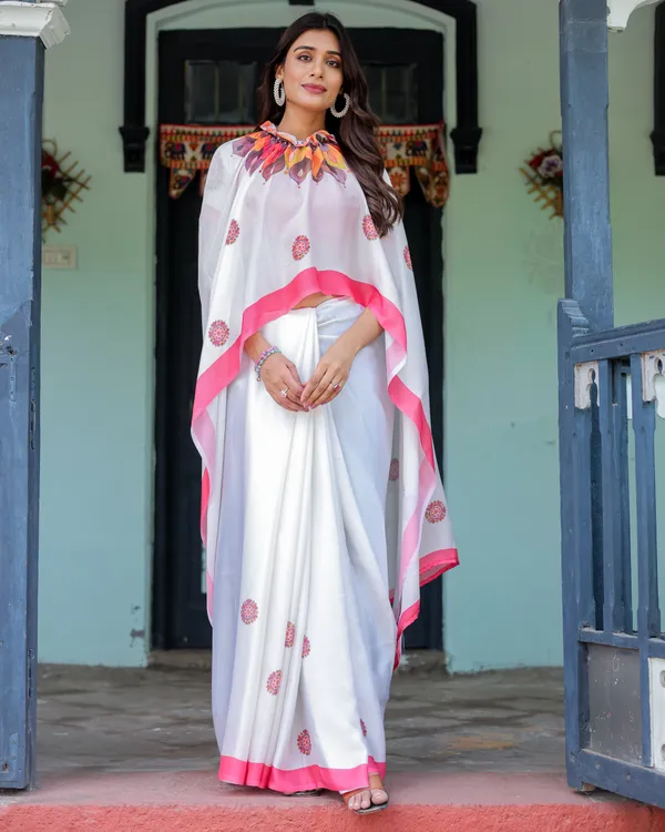 White_Satin_Georgette_Designer_Saree_with_Pink_Mandala_Prints_&_Floral_Pallu_Handsfree_Pallu_Loop_Contrast_Pink_With_Unstitched_Blouse