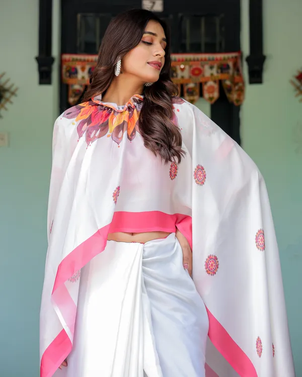 White_Satin_Georgette_Designer_Saree_with_Pink_Mandala_Prints_&_Floral_Pallu_Handsfree_Pallu_Loop_Contrast_Pink_With_Unstitched_Blouse