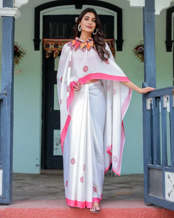 White_Satin_Georgette_Designer_Saree_with_Pink_Mandala_Prints_&_Floral_Pallu_Handsfree_Pallu_Loop_Contrast_Pink_With_Unstitched_Blouse