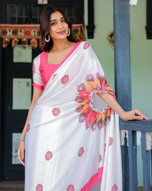 White_Satin_Georgette_Designer_Saree_with_Pink_Mandala_Prints_&_Floral_Pallu_Handsfree_Pallu_Loop_Contrast_Pink_With_Unstitched_Blouse