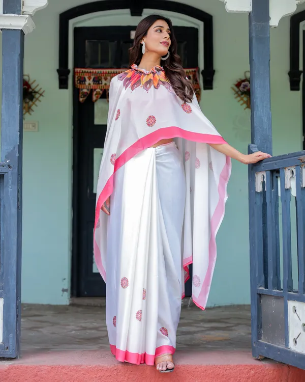 White_Satin_Georgette_Designer_Saree_with_Pink_Mandala_Prints_&_Floral_Pallu_Handsfree_Pallu_Loop_Contrast_Pink_With_Unstitched_Blouse
