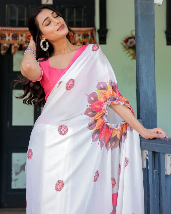 White_Satin_Georgette_Designer_Saree_with_Pink_Mandala_Prints_&_Floral_Pallu_Handsfree_Pallu_Loop_Contrast_Pink_With_Unstitched_Blouse