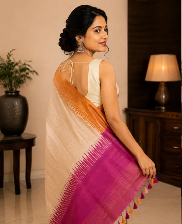 Soft_Tussar_Silk_sarees_with_Beautiful_Print_With_Attractive_Border_And_Contrast_Print_Blouse_With_Tassels
