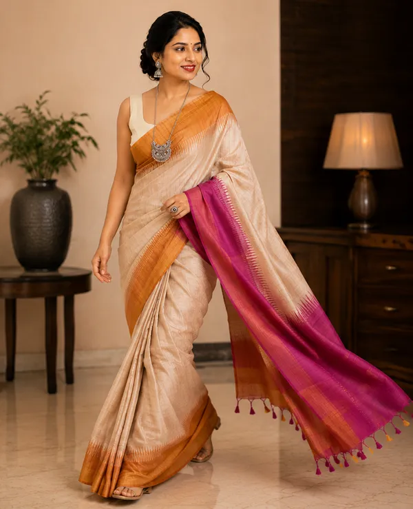 Soft_Tussar_Silk_sarees_with_Beautiful_Print_With_Attractive_Border_And_Contrast_Print_Blouse_With_Tassels