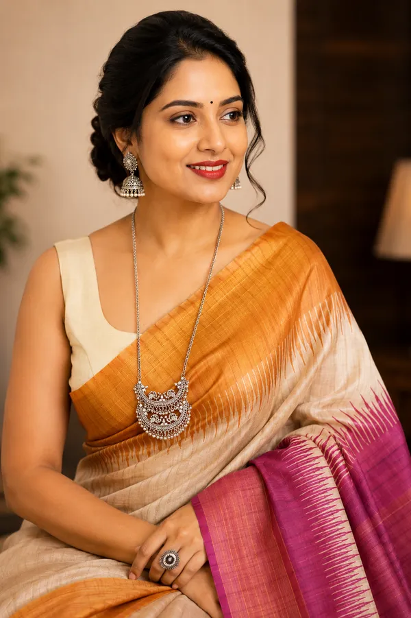 Soft_Tussar_Silk_sarees_with_Beautiful_Print_With_Attractive_Border_And_Contrast_Print_Blouse_With_Tassels