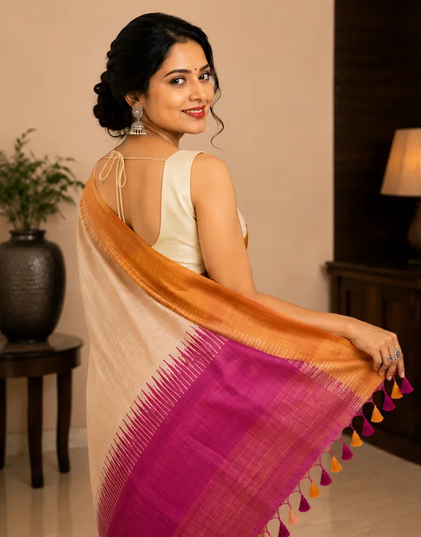 Soft_Tussar_Silk_sarees_with_Beautiful_Print_With_Attractive_Border_And_Contrast_Print_Blouse_With_Tassels