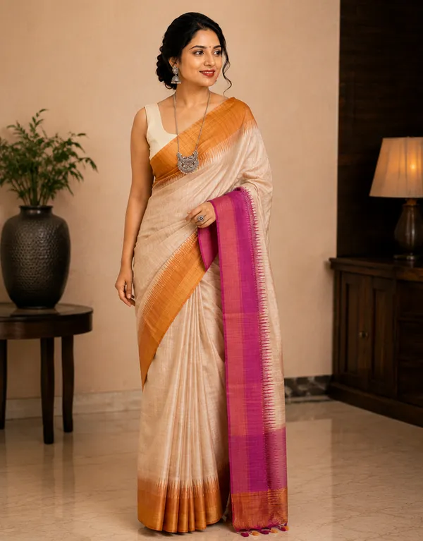 Soft_Tussar_Silk_sarees_with_Beautiful_Print_With_Attractive_Border_And_Contrast_Print_Blouse_With_Tassels