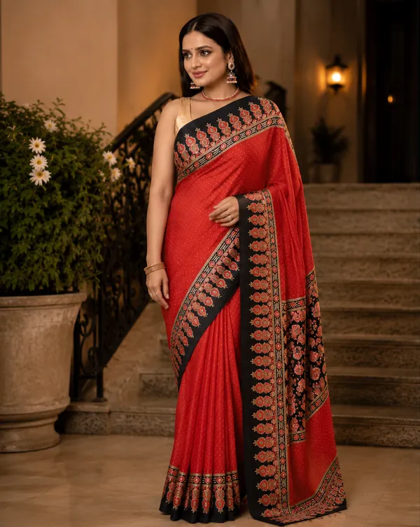 Wine_Red_Elegant_Ajrakh_Bindi_Japan_Silk_Saree_with_Printed_Designer_Pallu