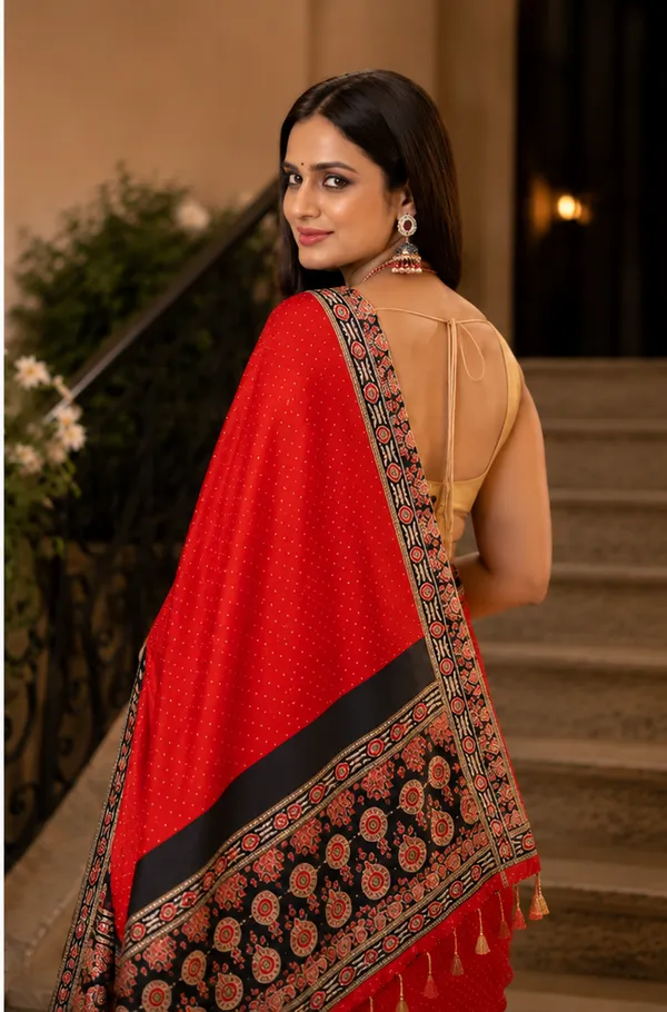Wine_Red_Elegant_Ajrakh_Bindi_Japan_Silk_Saree_with_Printed_Designer_Pallu
