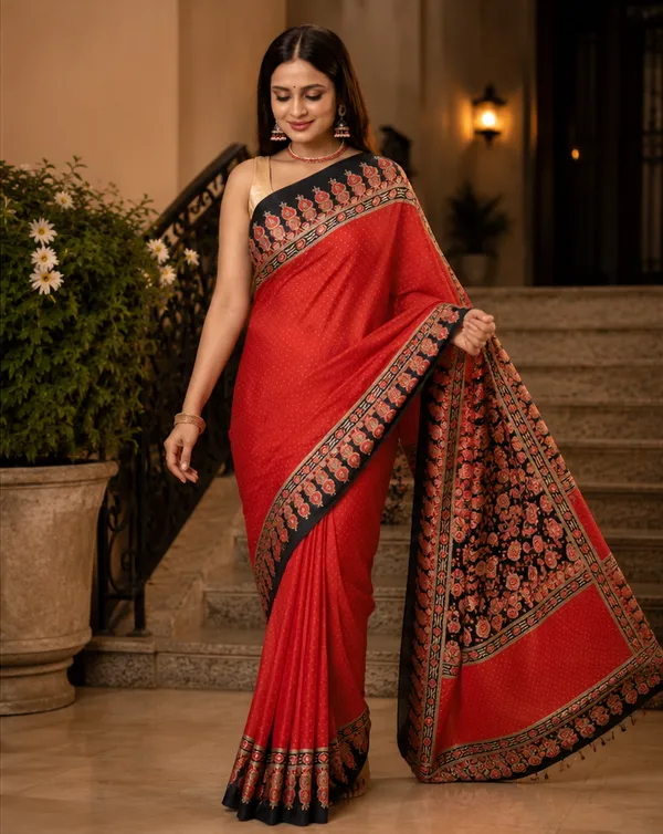 Wine_Red_Elegant_Ajrakh_Bindi_Japan_Silk_Saree_with_Printed_Designer_Pallu