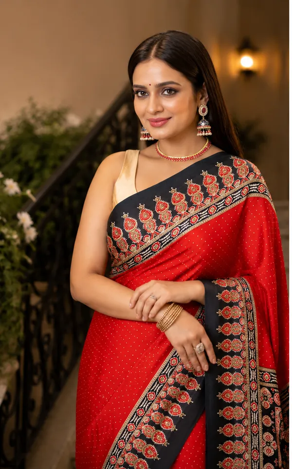 Wine_Red_Elegant_Ajrakh_Bindi_Japan_Silk_Saree_with_Printed_Designer_Pallu