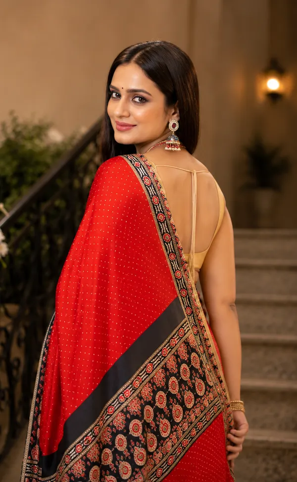 Wine_Red_Elegant_Ajrakh_Bindi_Japan_Silk_Saree_with_Printed_Designer_Pallu