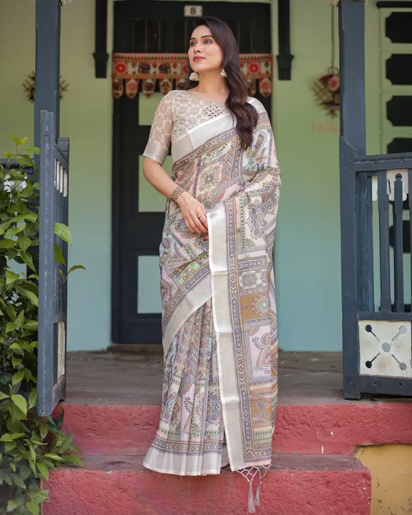 Cream_and_Pastel_Multicolour_Printed_Pure_Cotton_Linen_Saree_and_Tassels_on_Edges_With_Unstitched_Blouse
