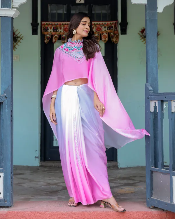 White_&_Pink_Ombr_Designer_Freehand_Saree_with_Geometric_Pallu_Art_&_Rani_Pink__Satin_Georgette_Handsfree_Pallu_Design_With_Unstitched_Blouse