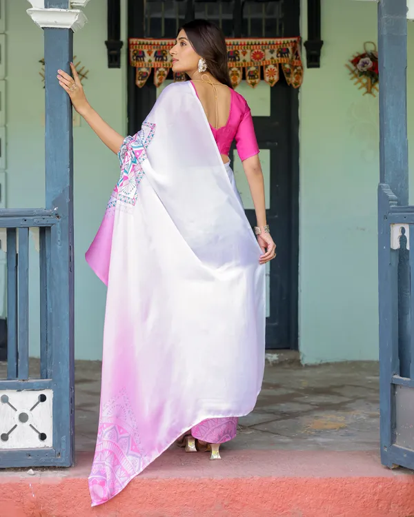 White_&_Pink_Ombr_Designer_Freehand_Saree_with_Geometric_Pallu_Art_&_Rani_Pink__Satin_Georgette_Handsfree_Pallu_Design_With_Unstitched_Blouse