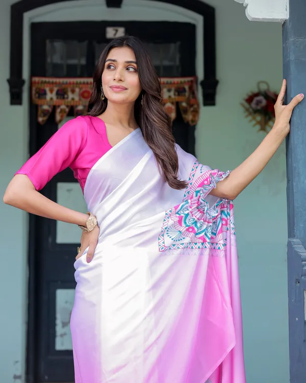 White_&_Pink_Ombr_Designer_Freehand_Saree_with_Geometric_Pallu_Art_&_Rani_Pink__Satin_Georgette_Handsfree_Pallu_Design_With_Unstitched_Blouse