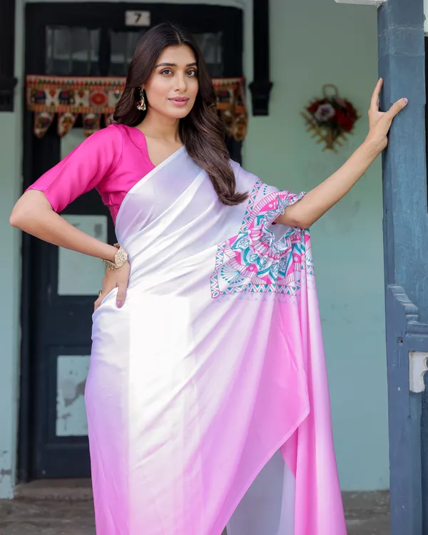 White_&_Pink_Ombr_Designer_Freehand_Saree_with_Geometric_Pallu_Art_&_Rani_Pink__Satin_Georgette_Handsfree_Pallu_Design_With_Unstitched_Blouse
