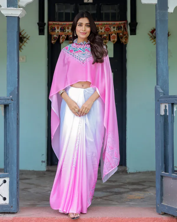 White_&_Pink_Ombr_Designer_Freehand_Saree_with_Geometric_Pallu_Art_&_Rani_Pink__Satin_Georgette_Handsfree_Pallu_Design_With_Unstitched_Blouse